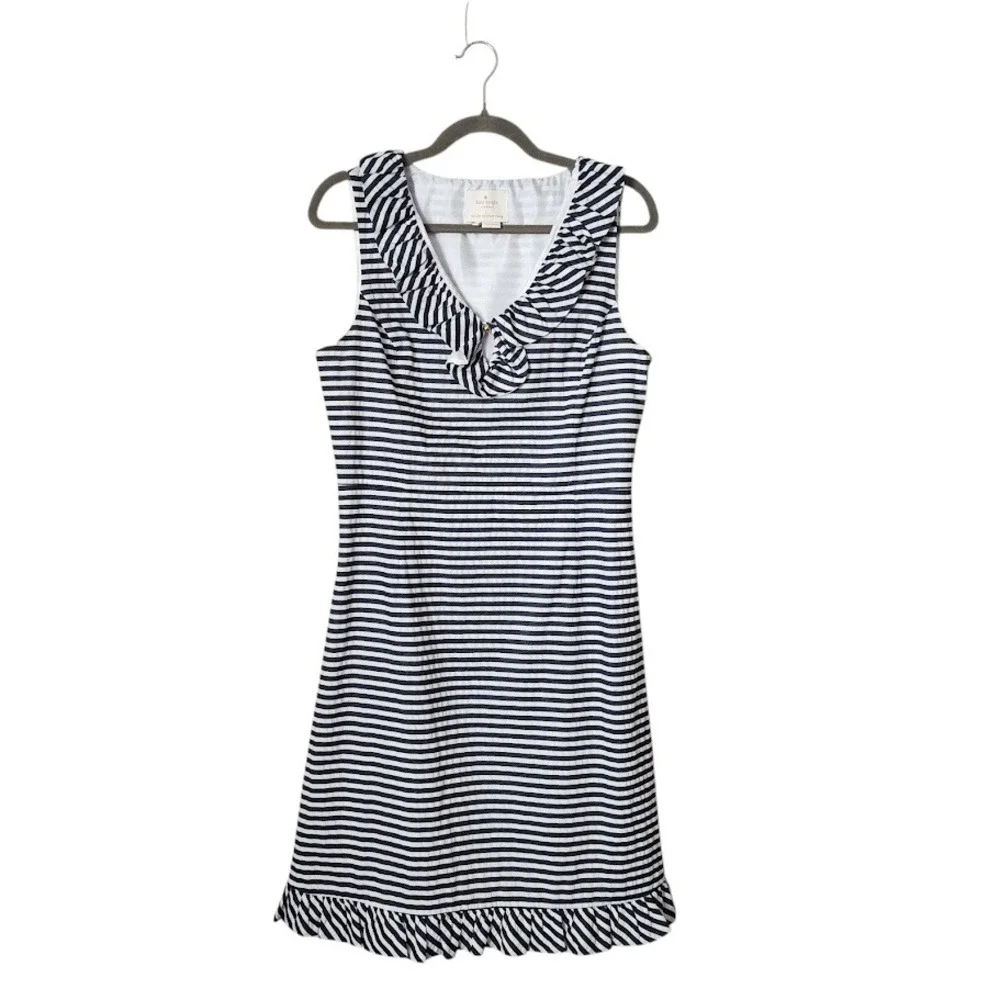 KATE SPADE‎ Striped Ruffle Neck Shift Dress with Gold Button Detail Size 10